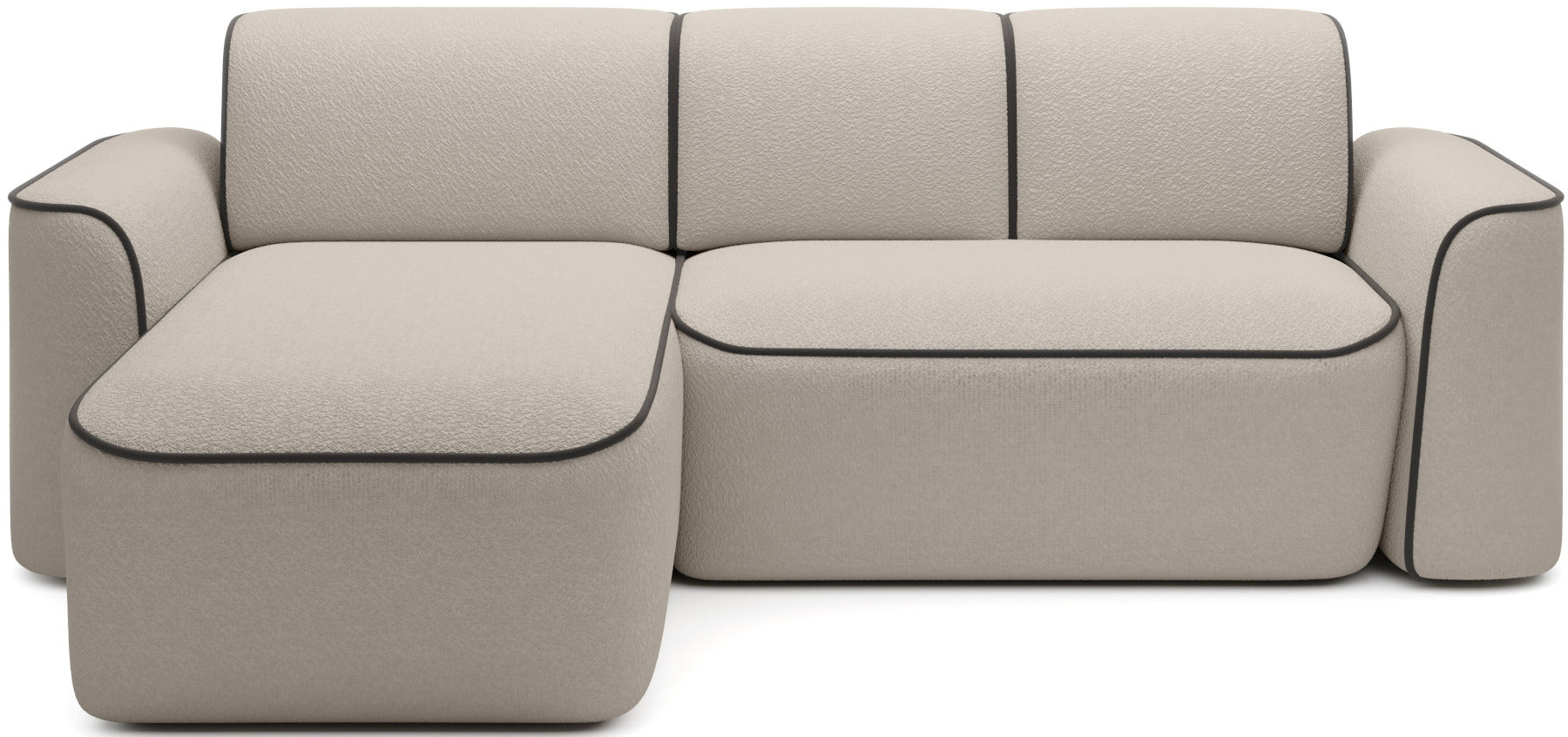 Frontowy, studyjny widok narożnika Ume w układzie lewym z szezlongiem po lewej stronie, tapicerka bouclé Royal 18 beżowy z kontrastową lamówką Velvetmat 22 brązowy.