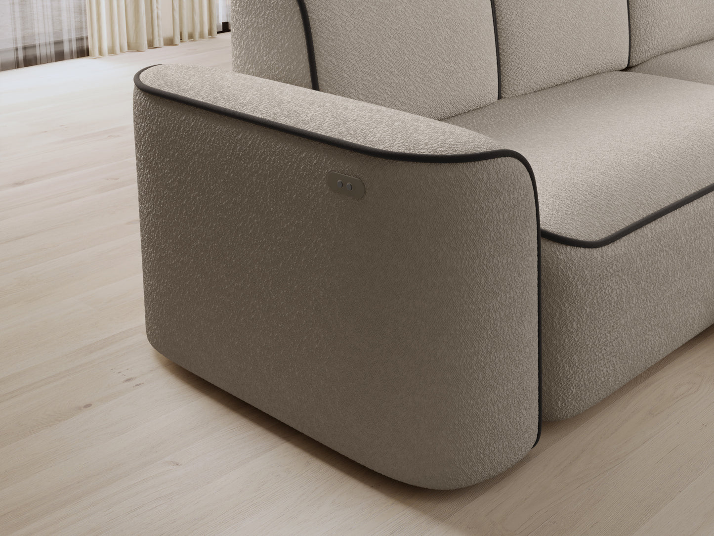 Detal oparcia i bocznej części narożnika Ume w układzie prawym z wyraźnym kontrastem beżowego bouclé i lamówki Velvetmat 22 brązowy.