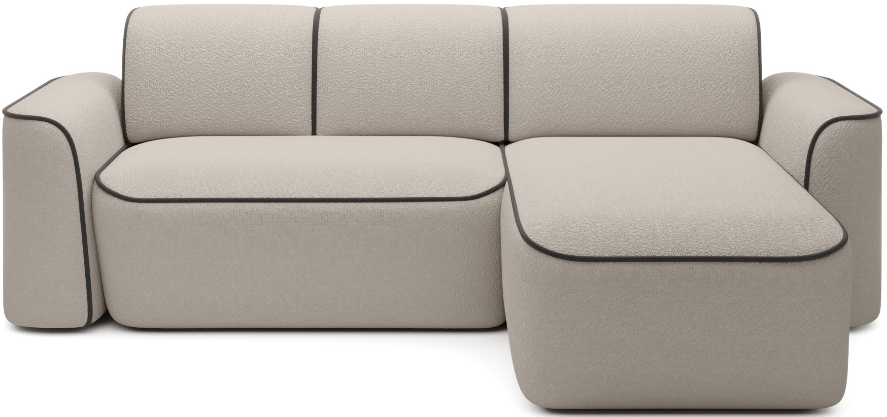 Frontowy, studyjny widok narożnika Ume w układzie prawym z szezlongiem po prawej stronie, tapicerka bouclé Royal 18 beżowy z kontrastową lamówką Velvetmat 22 brązowy.