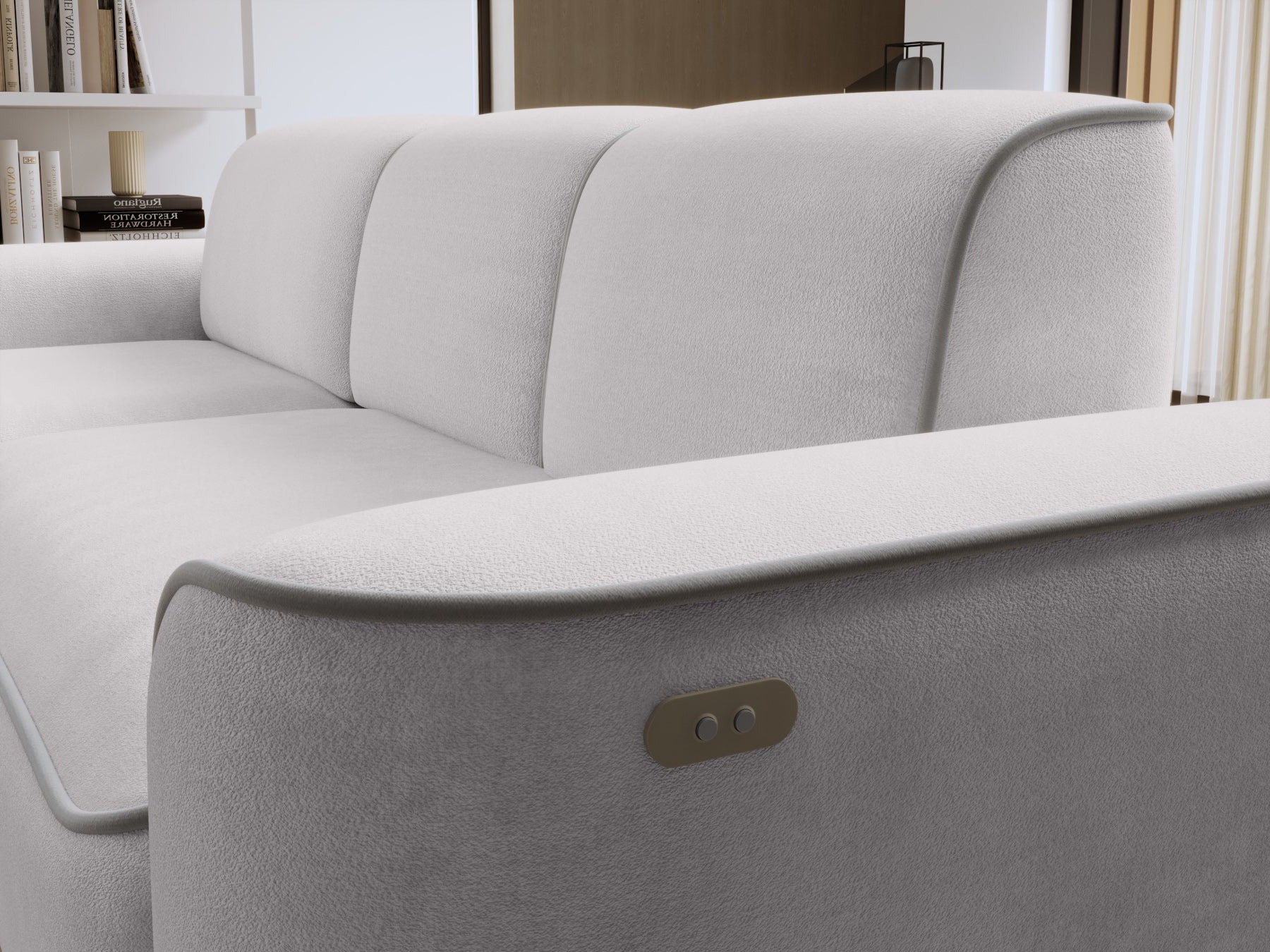 Detale oparcia i lewego podłokietnika narożnika Ume Amore 03 beżowy z lamówką Paros 05 jasnoszarą – widok faktury tkaniny.