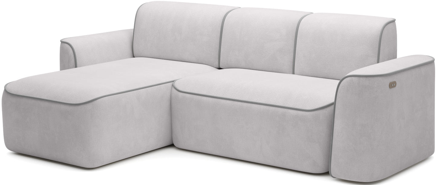 Narożnik Ume Amore 03 beżowy z lamówką Paros 05 jasnoszarą, układ lewy – widok pod delikatnym kątem na białym tle.