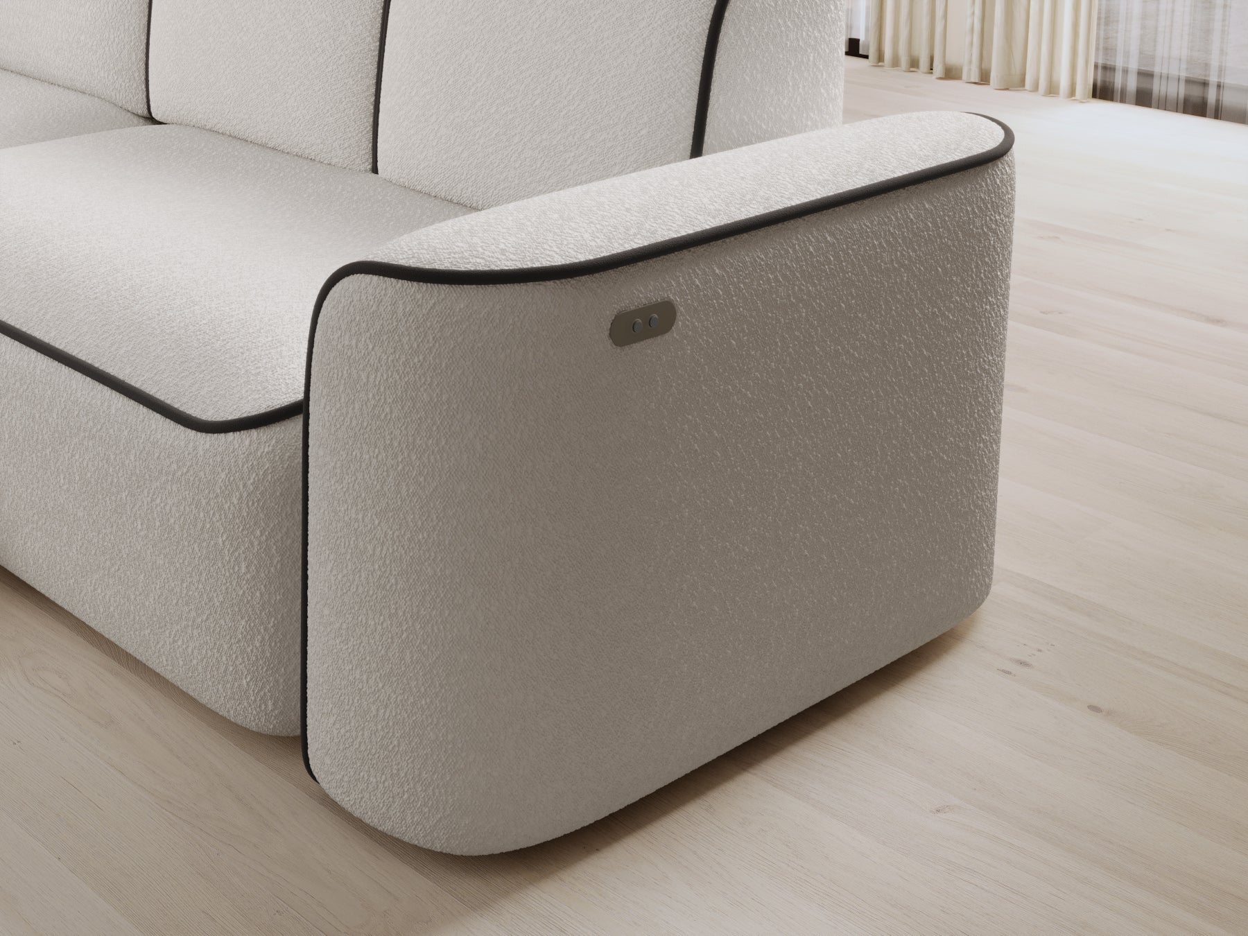 Zbliżenie na lewy podłokietnik sofy Ume z wbudowanymi przyciskami sterującymi, biała faktura bouclé i brązowa obwódka.