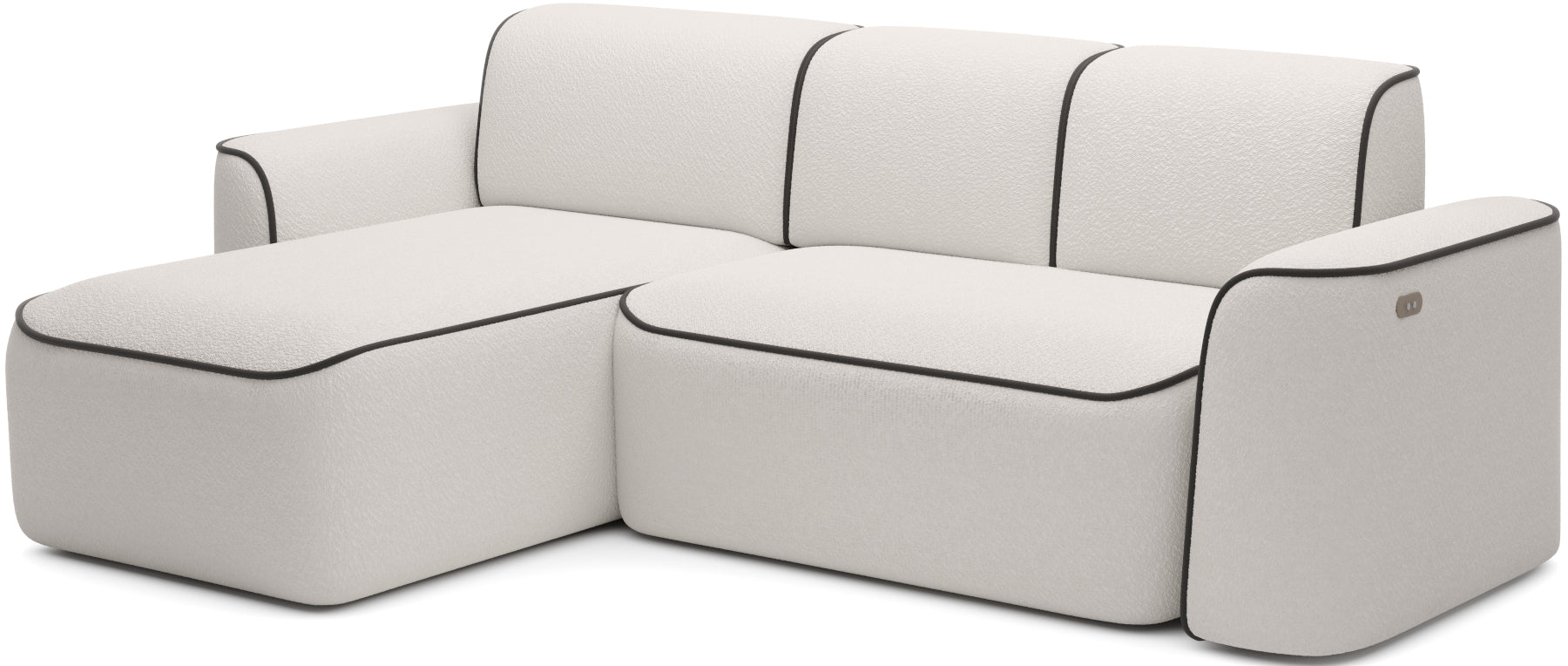 Boczny, perspektywiczny widok narożnika Ume w układzie lewym na białym tle, fakturowane bouclé Royal 01 z wykończeniem Velvetmat 22.