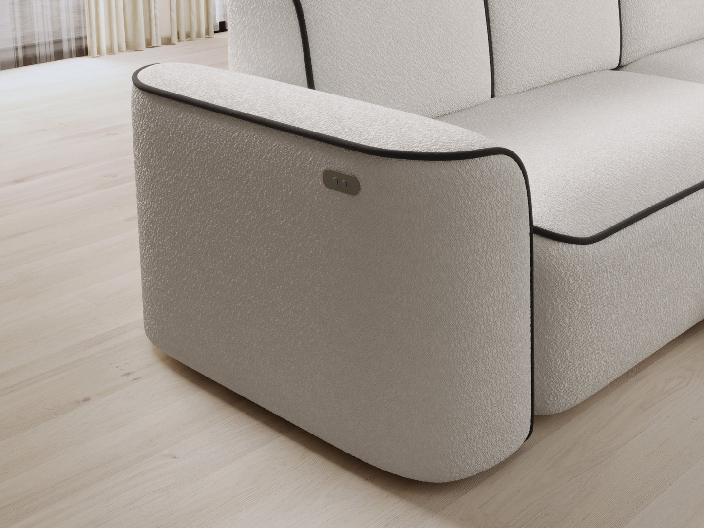 Zbliżenie na prawy podłokietnik narożnika Ume z wbudowanymi przyciskami sterującymi, biała tapicerka Royal 01 z kontrastową lamówką Velvetmat 22.