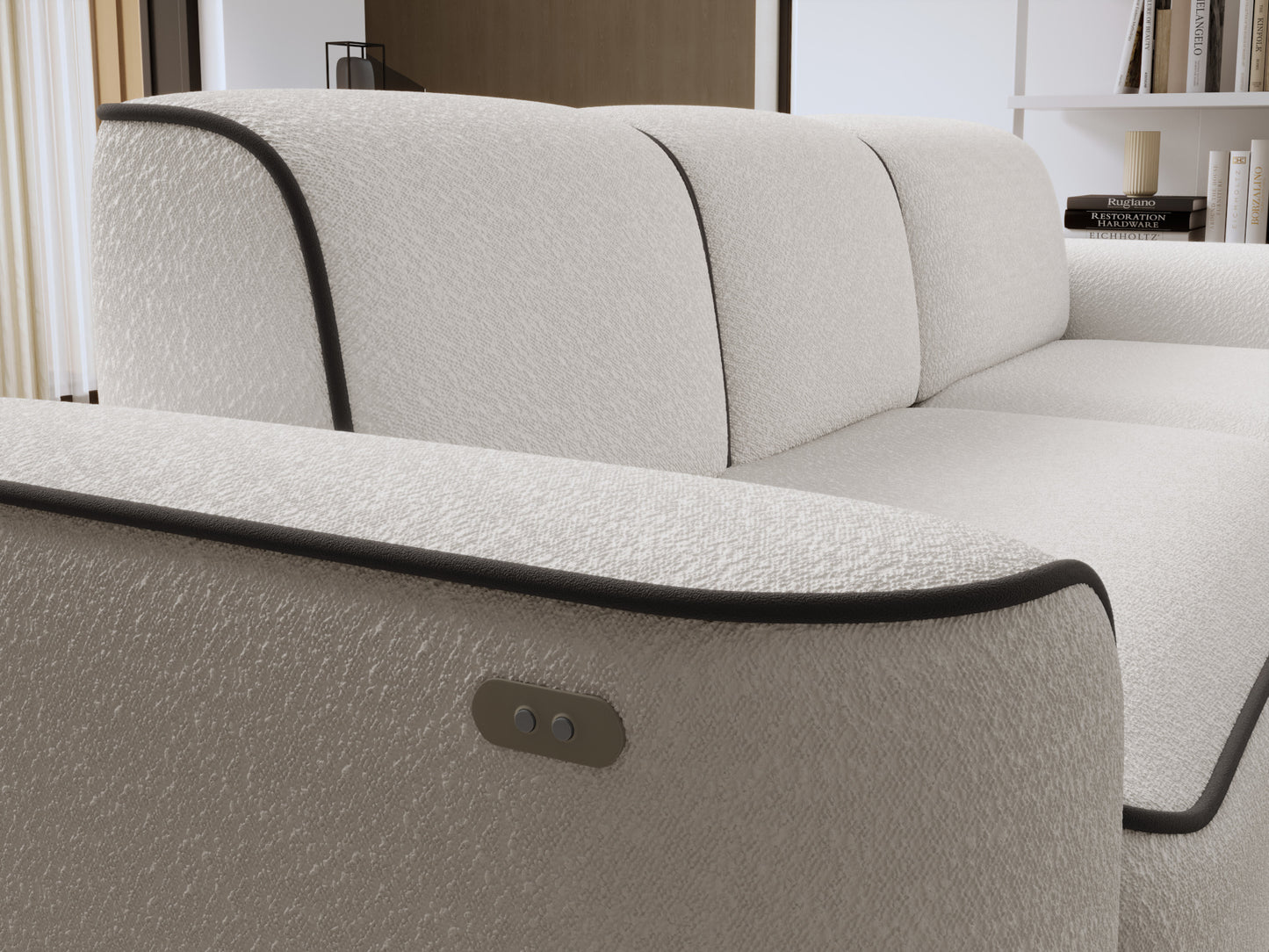 Detal otoman­ki narożnika Ume w układzie prawym, zaokrąglony narożnik z fakturowaną białą tkaniną i brązową obwódką.