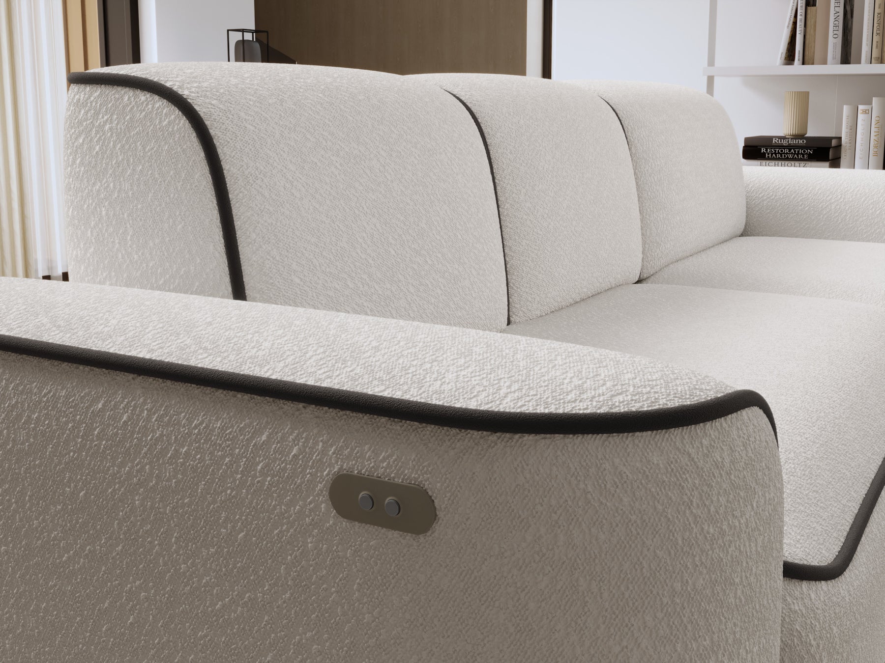 Detal otoman­ki narożnika Ume w układzie prawym, zaokrąglony narożnik z fakturowaną białą tkaniną i brązową obwódką.