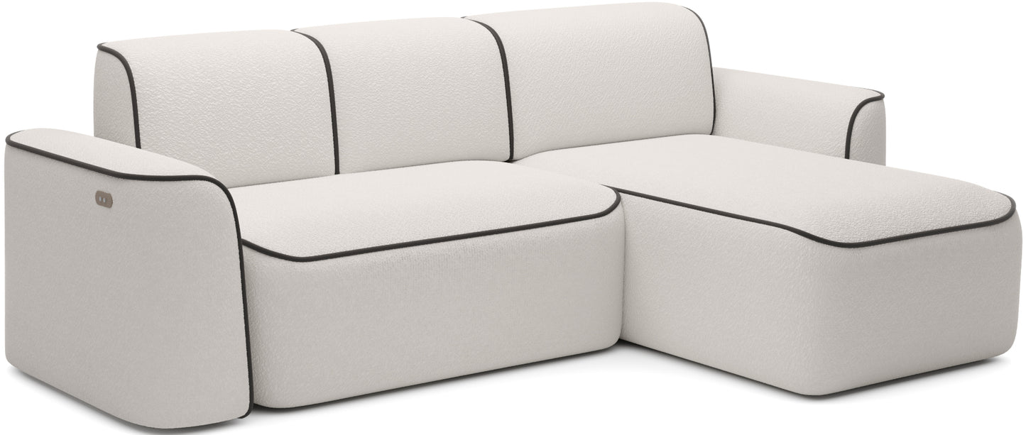 Boczny widok narożnika Ume w układzie prawym na białym tle, fakturowana tapicerka Royal 01 biały z brązowym wykończeniem Velvetmat 22.