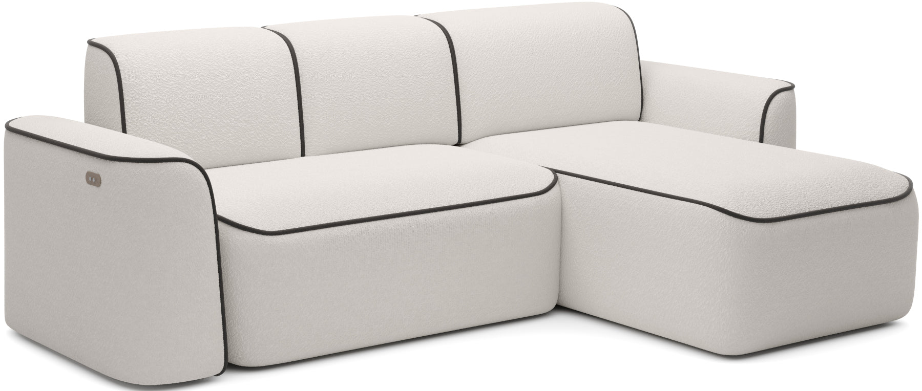 Boczny widok narożnika Ume w układzie prawym na białym tle, fakturowana tapicerka Royal 01 biały z brązowym wykończeniem Velvetmat 22.