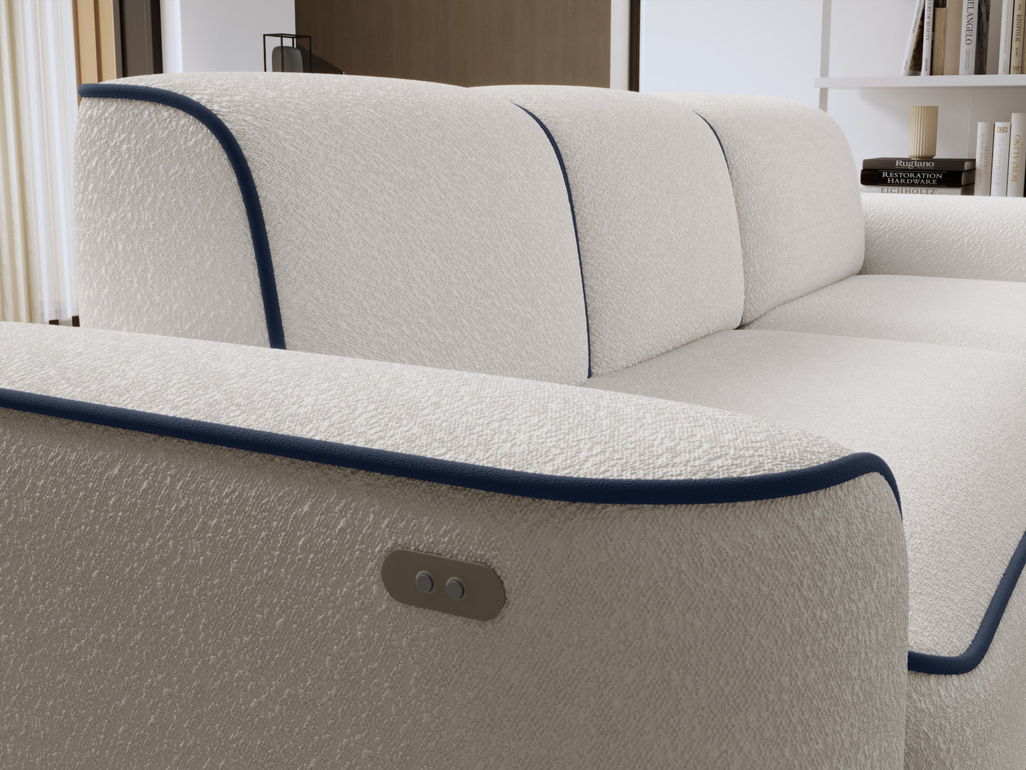 Zbliżenie prawej otomanki narożnika Ume – zaokrąglony narożnik z fakturowaną białą tkaniną i ciemnogranatową obwódką Velvetmat 40.