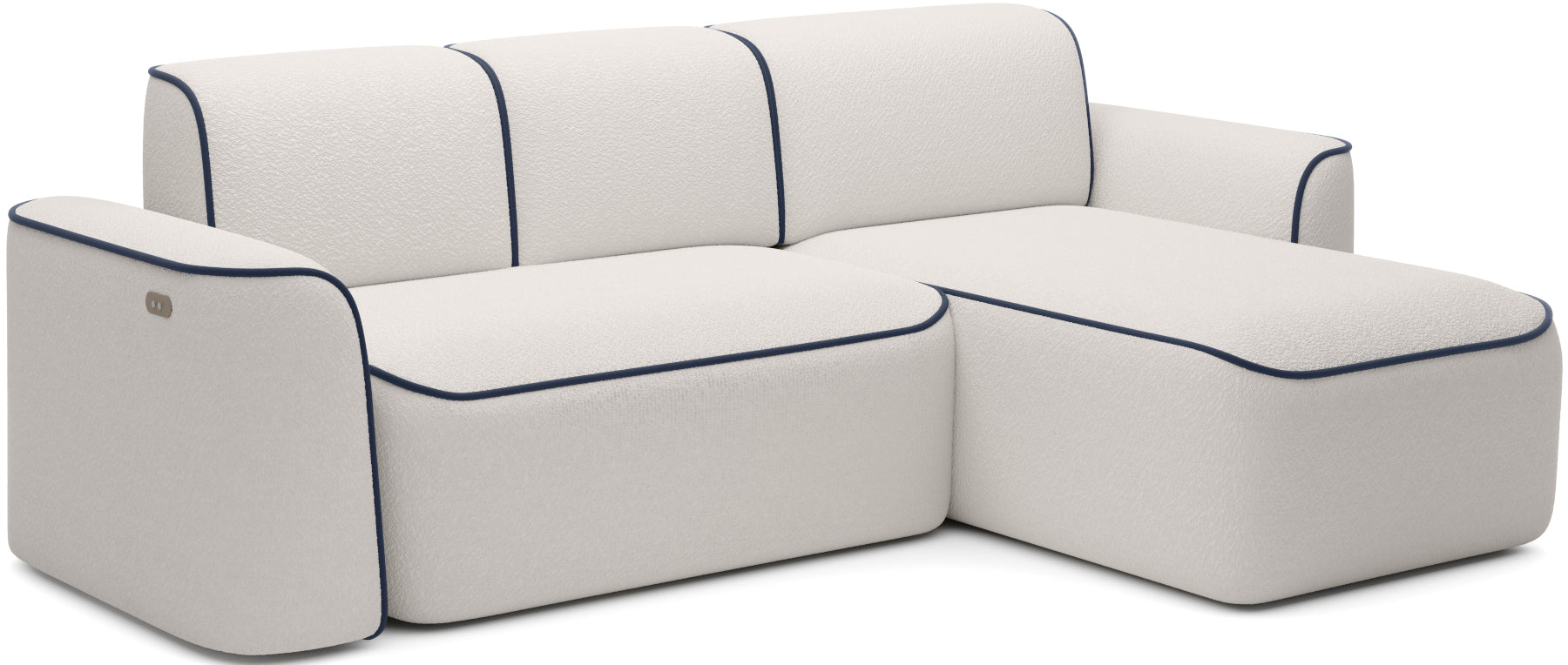 Ukośny, boczny widok narożnika Ume w układzie prawym na białym tle, fakturowane bouclé Royal 01 biały z granatowym wykończeniem Velvetmat 40.