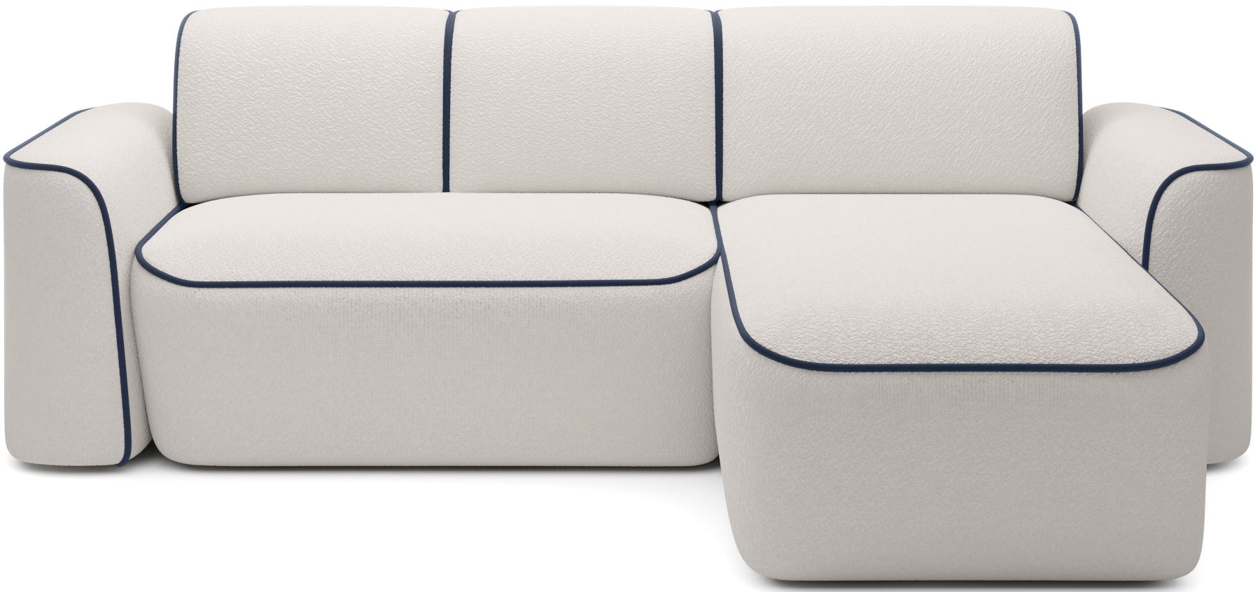 Sofa Ume narożna w układzie prawym, tapicerka bouclé Royal 01 biały z kontrastową lamówką Velvetmat 40 granatowy.