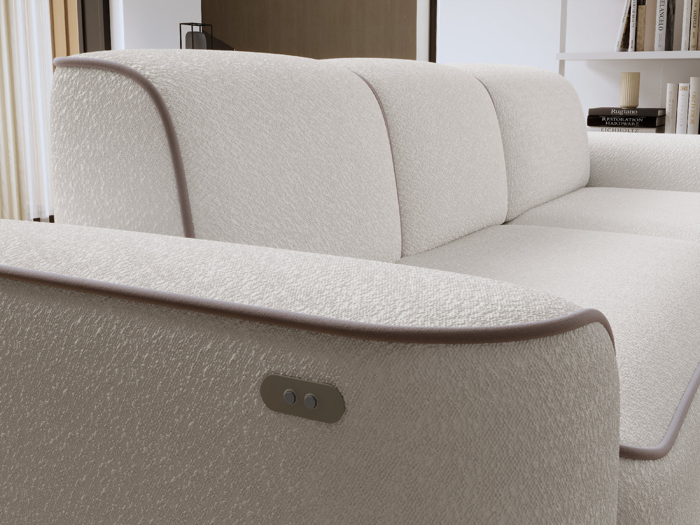 Detal bocznego oparcia narożnika Ume Royal 01 biały, z widocznym panelem sterowania.