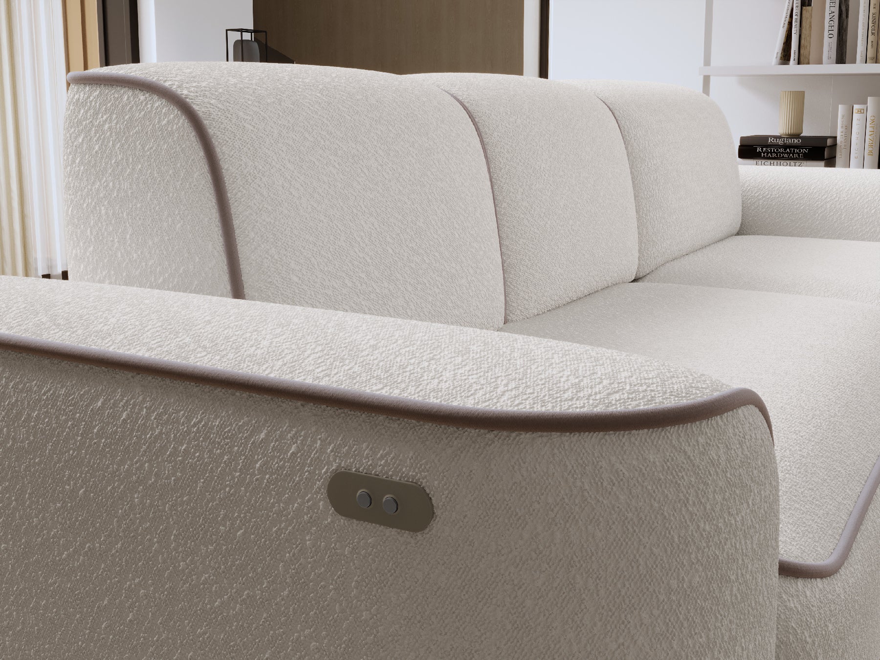 Detal bocznego oparcia narożnika Ume Royal 01 biały, z widocznym panelem sterowania.