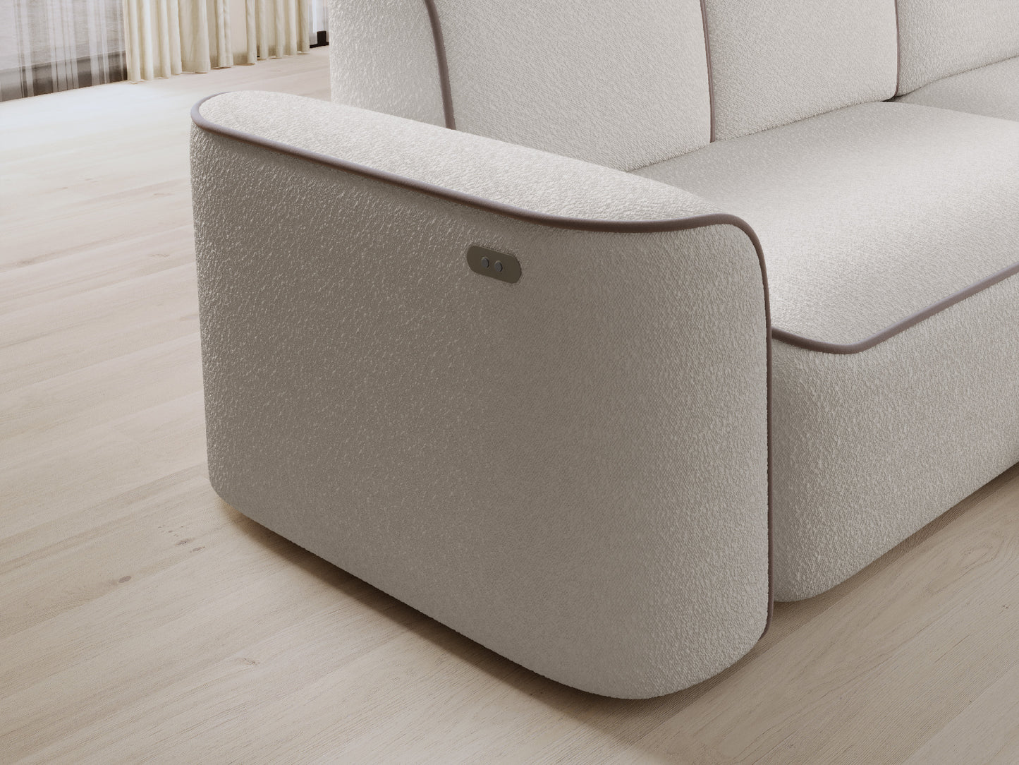 Zbliżenie bocznego podłokietnika narożnika Ume Royal 01 biały z dwoma przyciskami sterowania.