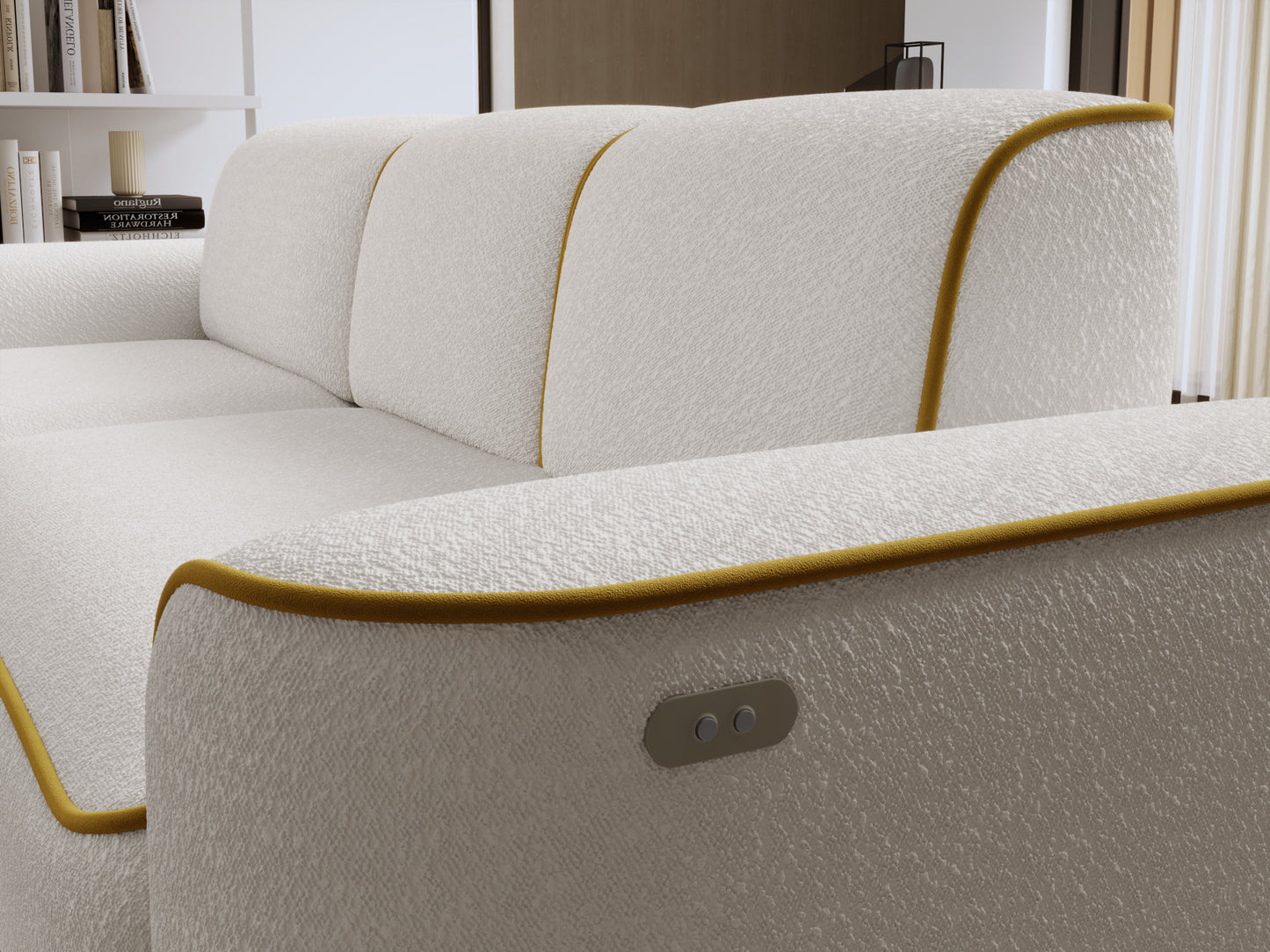 Zbliżenie na oparcie i poduszki narożnika Ume w układzie lewym, tekstura bouclé Royal 01 z cienką lamówką Riviera 41.