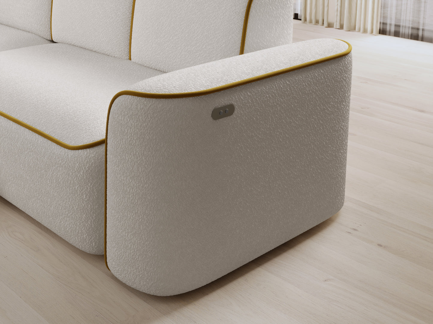 Detal lewego podłokietnika sofy Ume z wbudowanymi przyciskami sterującymi, biała tapicerka i żółta lamówka.