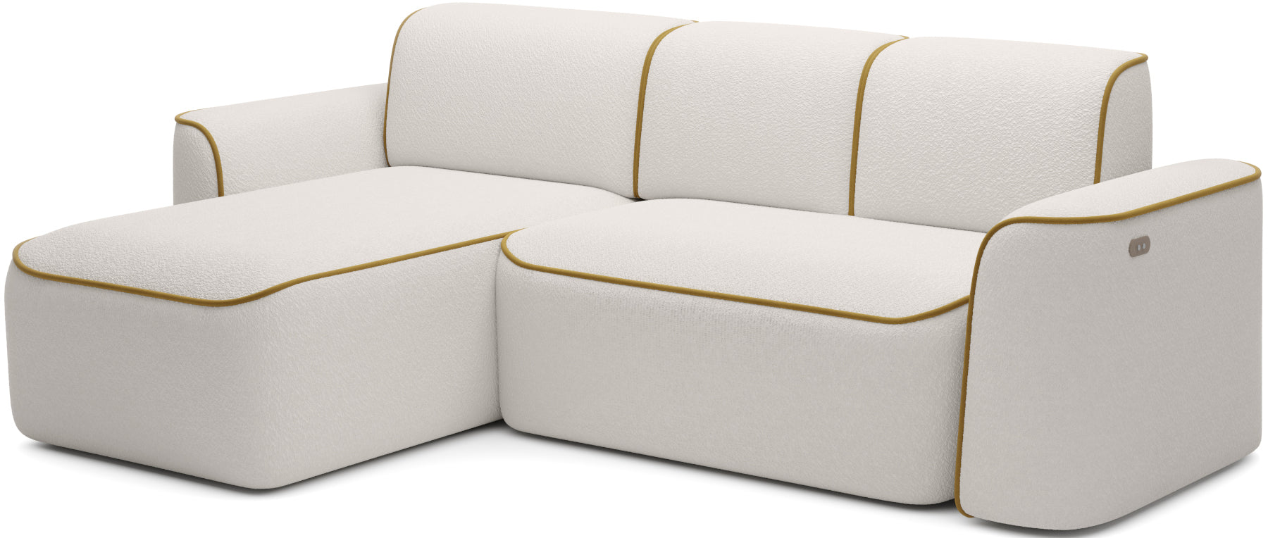 Boczny, lekko sfalowany profil narożnika Ume w układzie lewym na białym tle, fakturowana tkanina Royal 01 z lamówką Riviera 41.