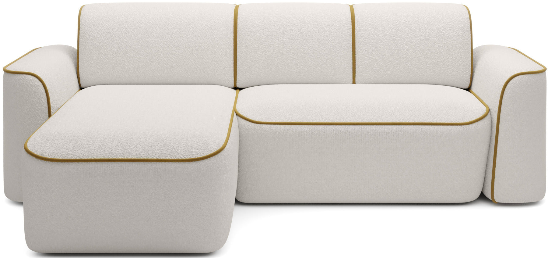 Przód narożnika Ume w układzie lewym, tapicerka bouclé Royal 01 biały z kontrastową lamówką Riviera 41 żółty na białym tle.