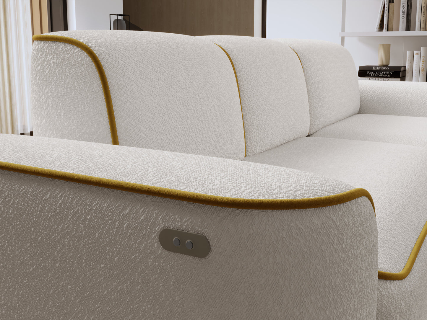 Zbliżenie na oparcie i poduszki sofy Ume w białej tapicerce bouclé, podkreślonej cienką żółtą lamówką.