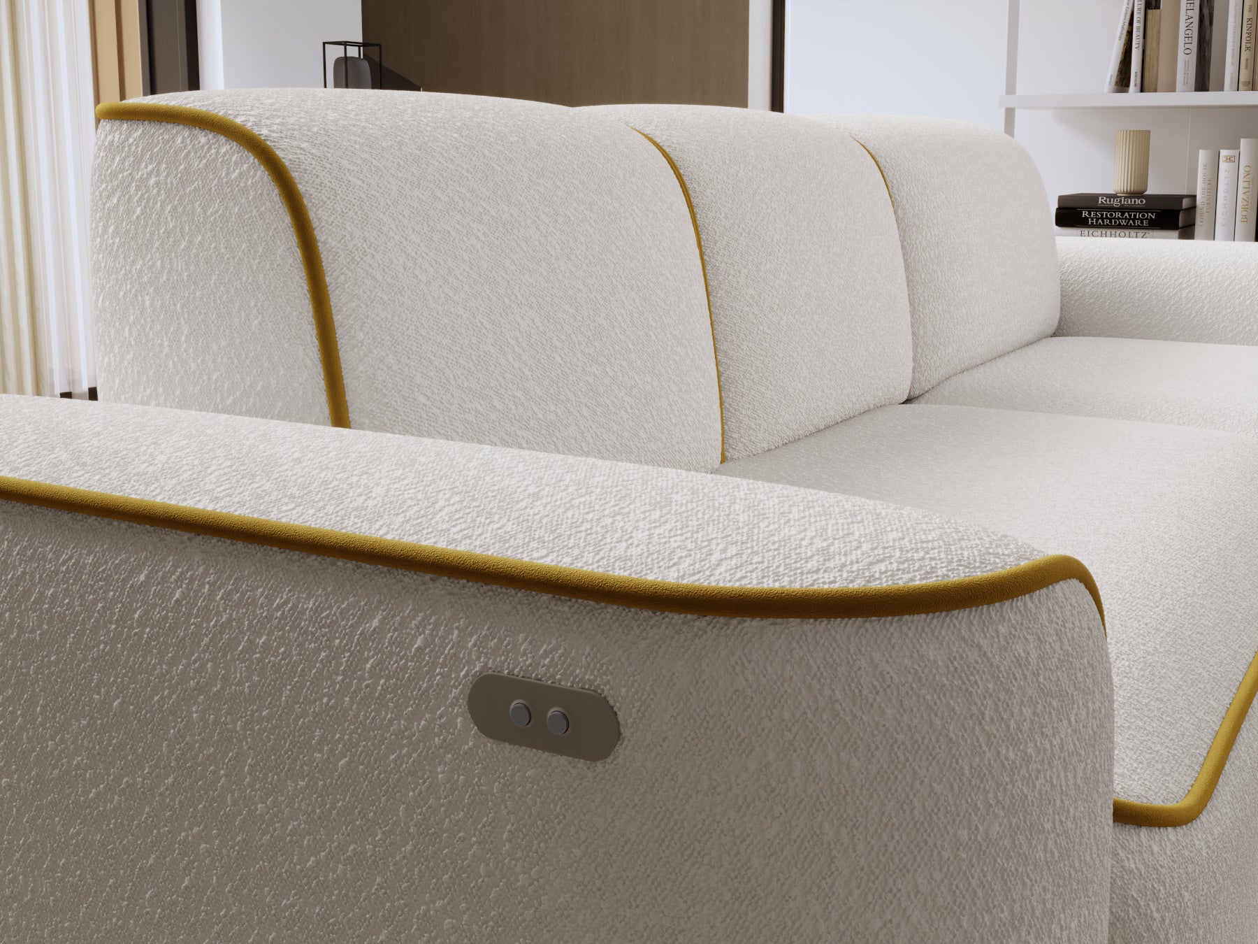 Zbliżenie na oparcie i poduszki sofy Ume w białej tapicerce bouclé, podkreślonej cienką żółtą lamówką.