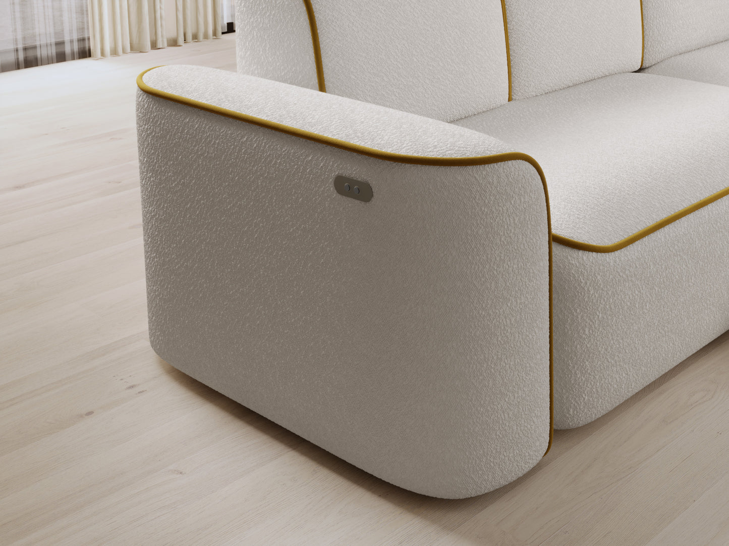 Detal prawego podłokietnika sofy Ume z wbudowanymi przyciskami na białej tapicerce i żółtej lamówce.