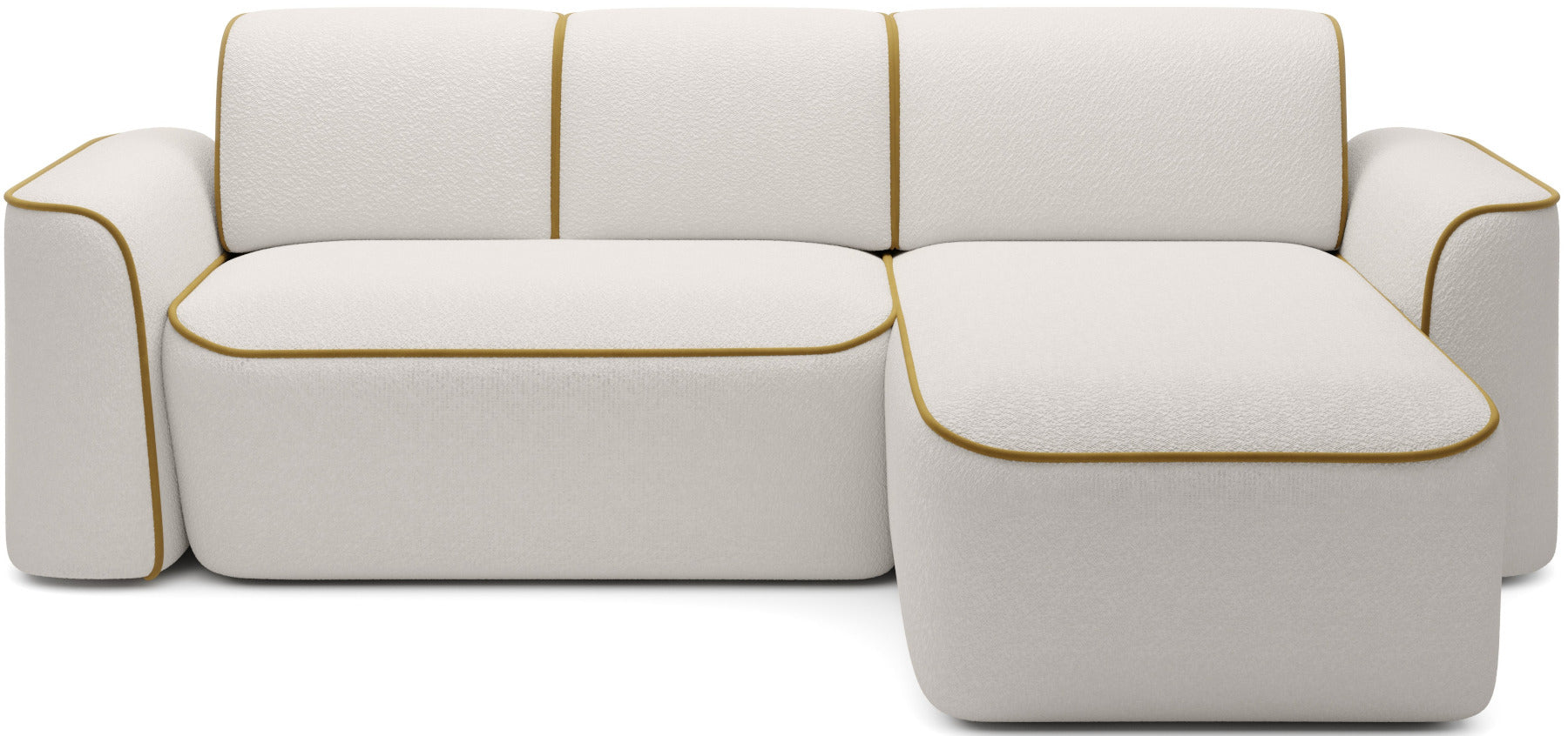 Sekcja narożna Ume w układzie prawym, biała tapicerka bouclé z kontrastową żółtą lamówką, na jednolitym białym tle.