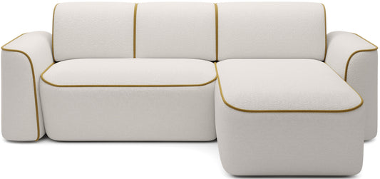 Sekcja narożna Ume w układzie prawym, biała tapicerka bouclé z kontrastową żółtą lamówką, na jednolitym białym tle.