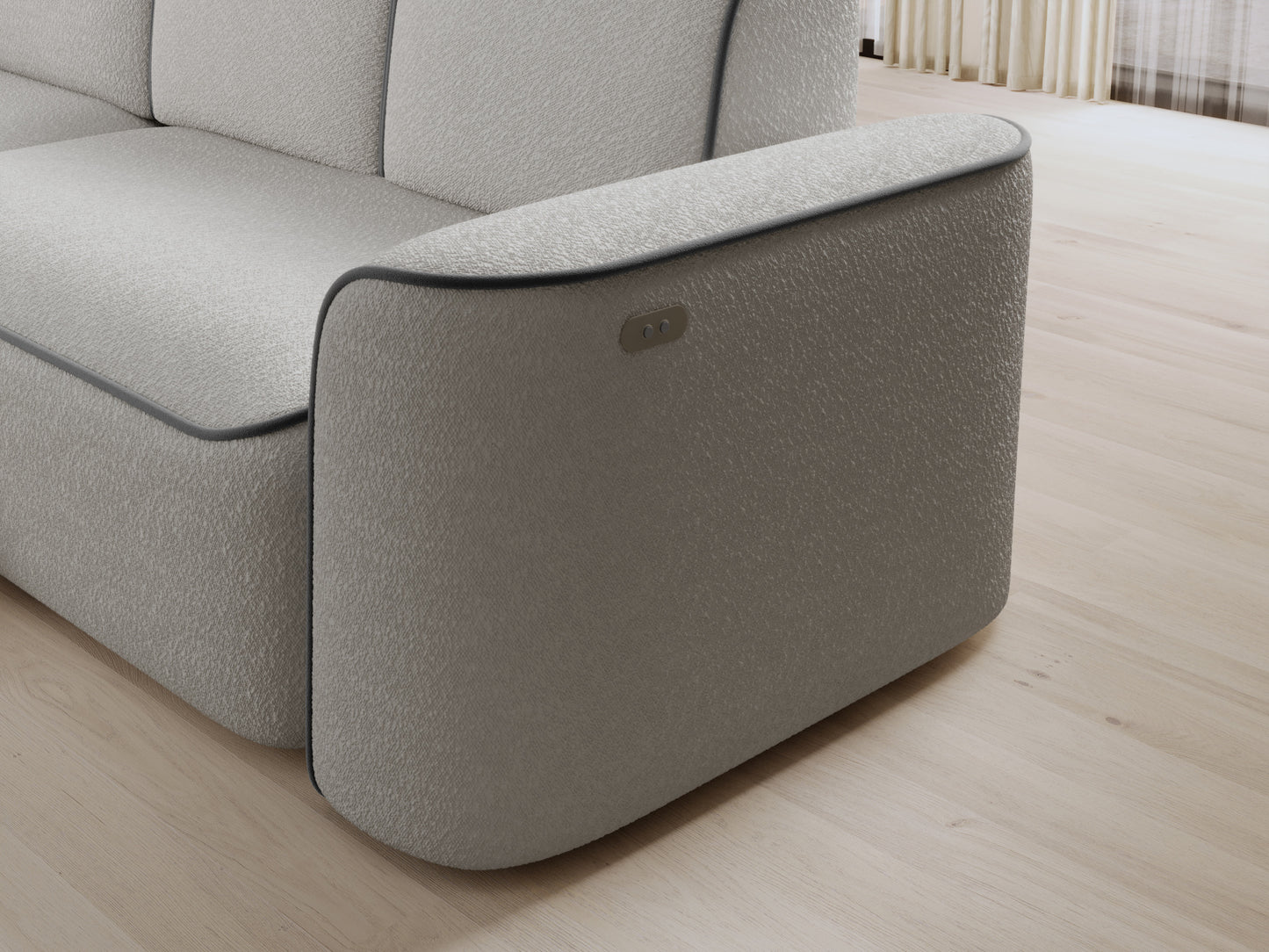 Detal lewego boku z panelem sterowania na sofacie Ume, tapicerka bouclé Royal 03 biały i lamówka Velvetmat 04 szary.