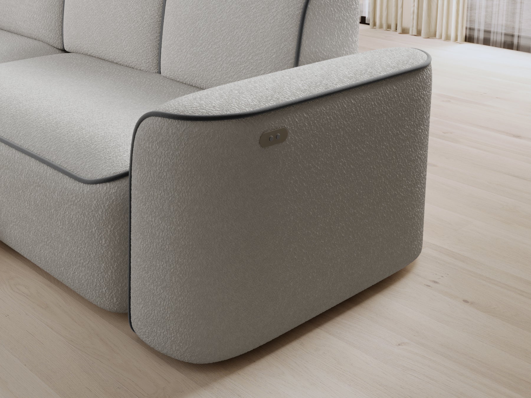 Detal lewego boku z panelem sterowania na sofacie Ume, tapicerka bouclé Royal 03 biały i lamówka Velvetmat 04 szary.