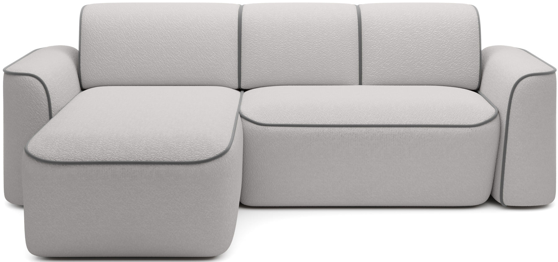 Frontowy widok narożnika Ume w układzie lewym na białym tle, tapicerka bouclé Royal 03 biały z kontrastową lamówką Velvetmat 04 szary.