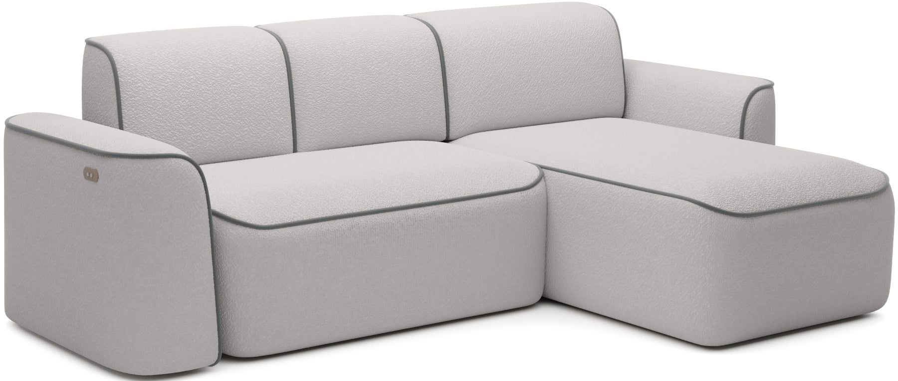 Perspektywiczny, ukośny widok narożnika Ume w układzie prawym na białym tle, fakturowana tapicerka Royal 03 biały z dyskretną lamówką Velvetmat 04 szary.