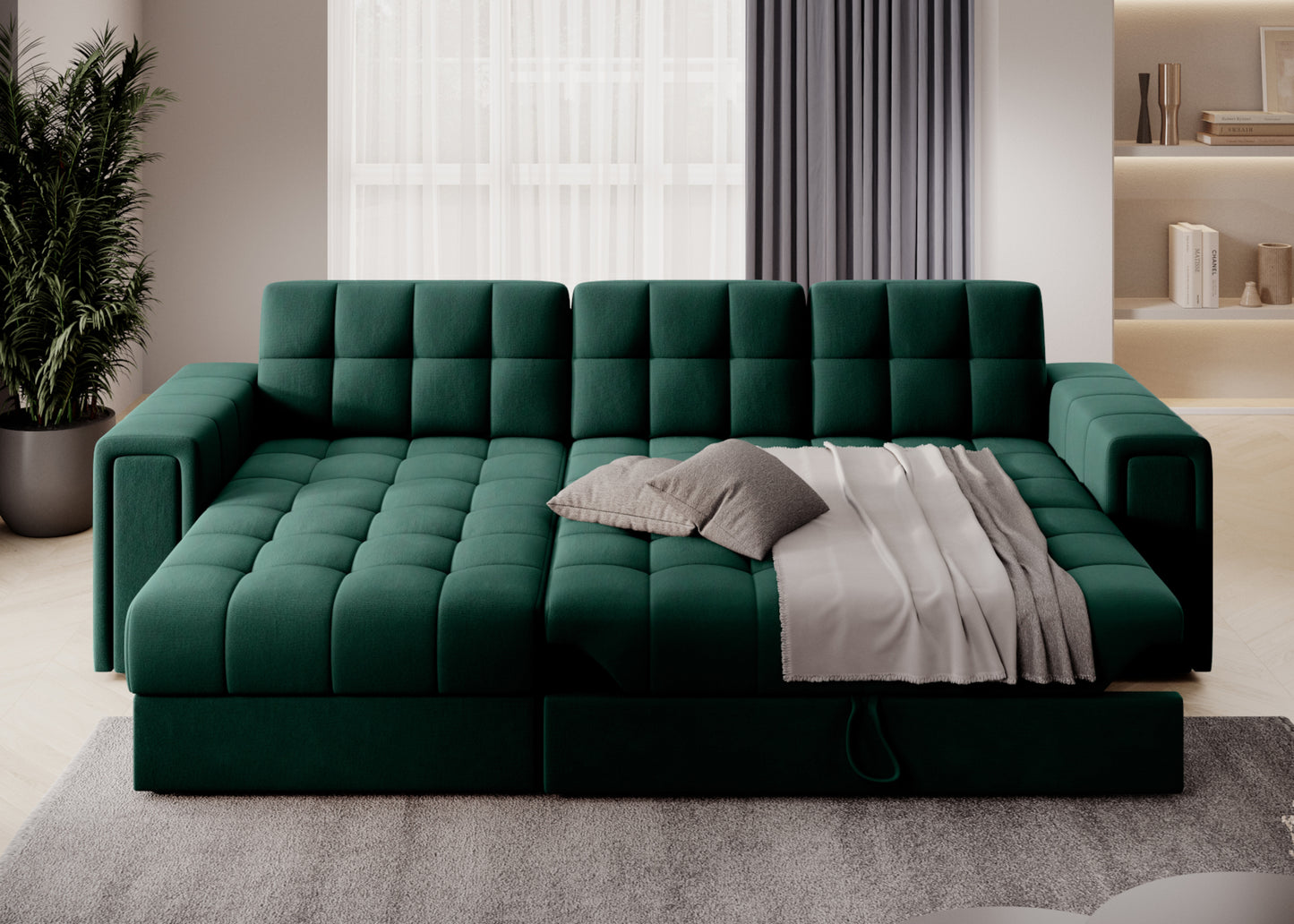 Rozłożony narożnik Blenvi z funkcją spania, w tkaninie Lukso 35 zielony, z poduszkami i pledem, ustawiony w eleganckim salonie.