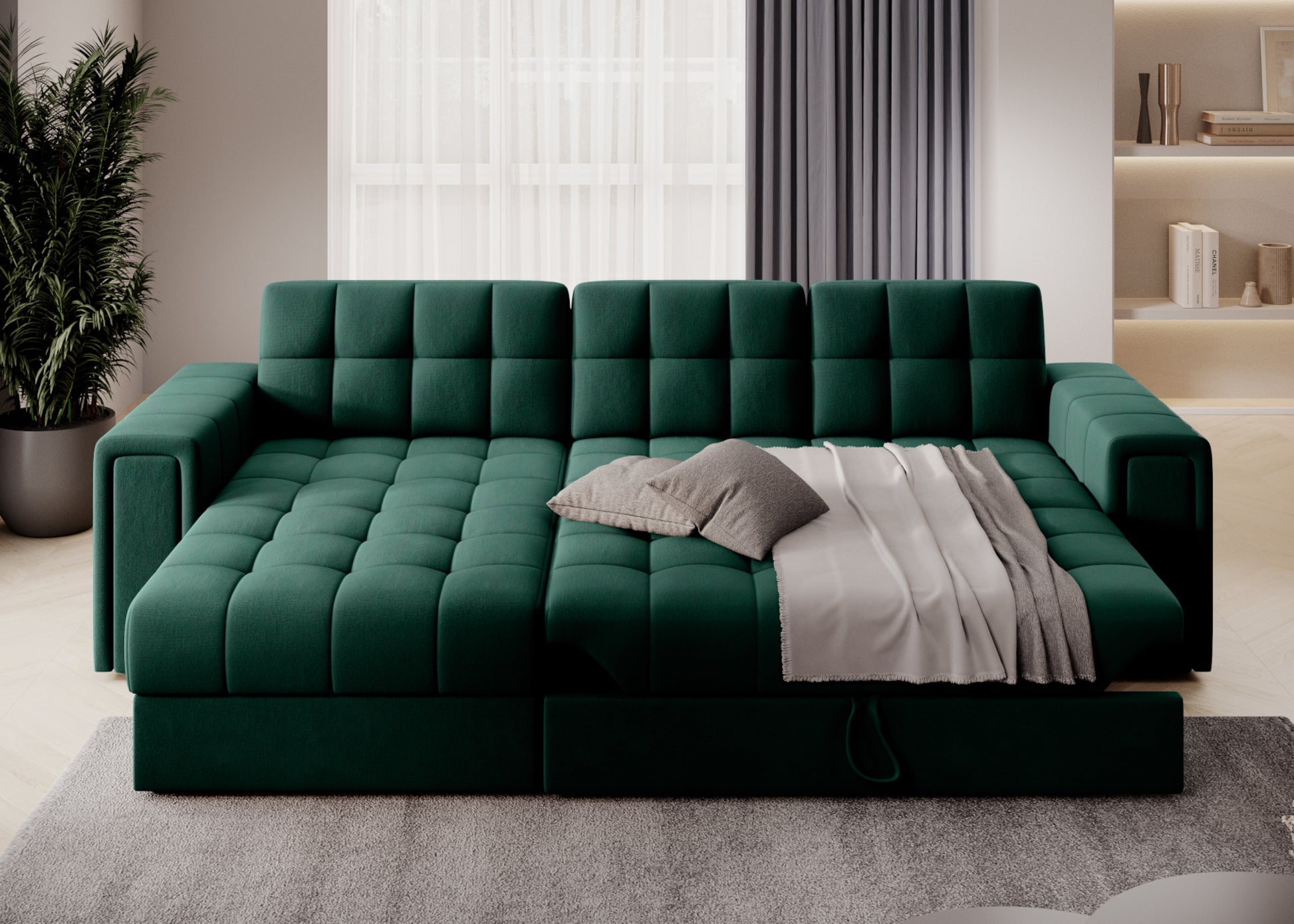 Rozłożony narożnik Blenvi z funkcją spania, w tkaninie Lukso 35 zielony, z poduszkami i pledem, ustawiony w eleganckim salonie.
