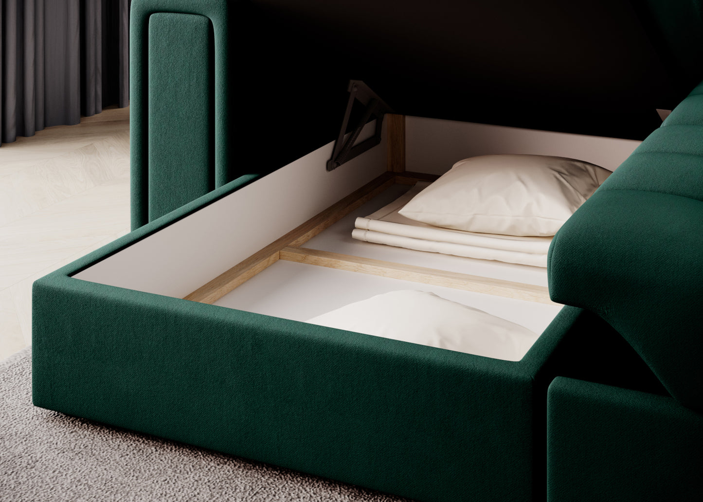 Pojemny schowek na pościel w narożniku Blenvi, tapicerowanym zieloną tkaniną Lukso 35, z widocznymi poduszkami i kołdrą w środku.