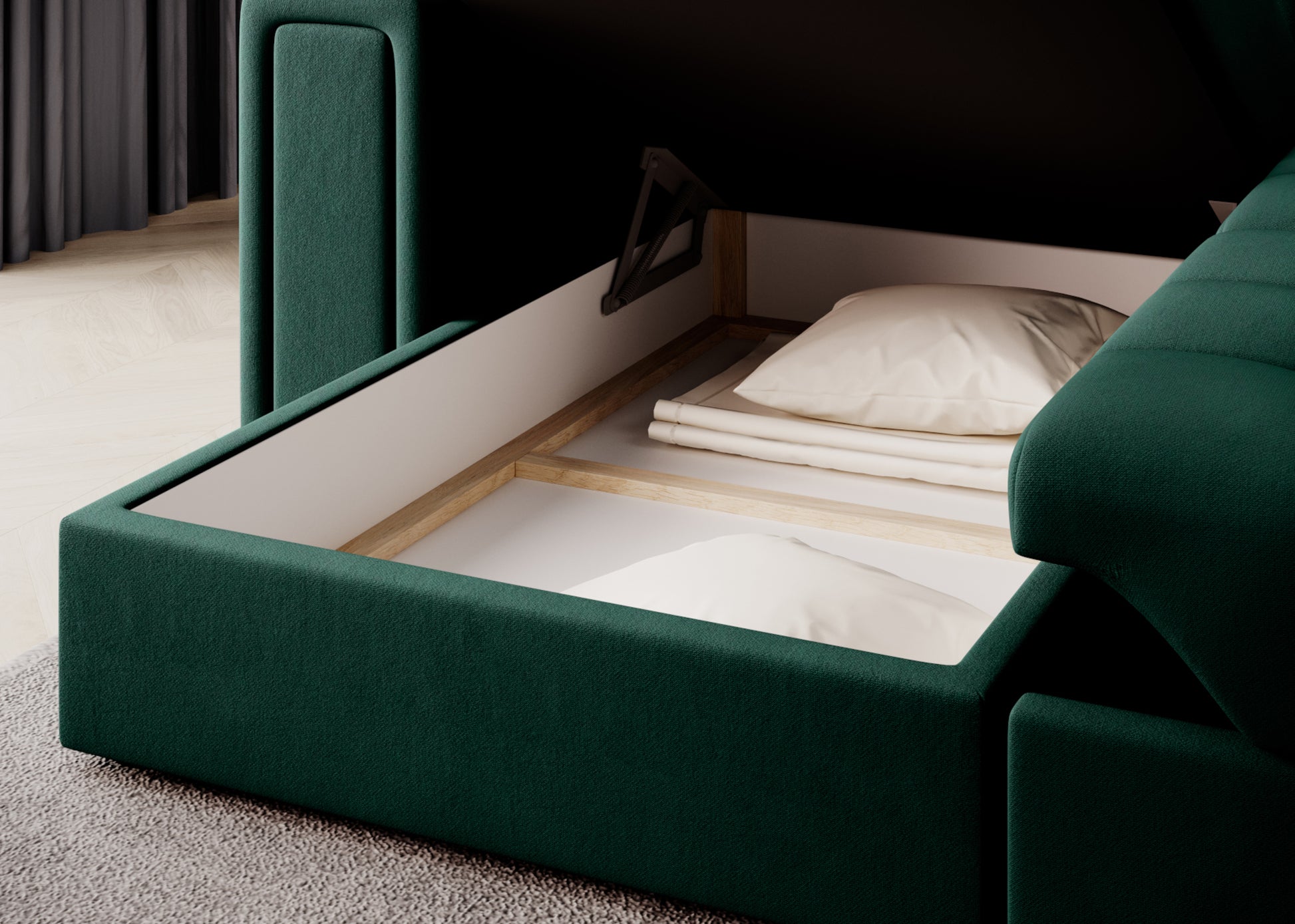 Pojemny schowek na pościel w narożniku Blenvi, tapicerowanym zieloną tkaniną Lukso 35, z widocznymi poduszkami i kołdrą w środku.
