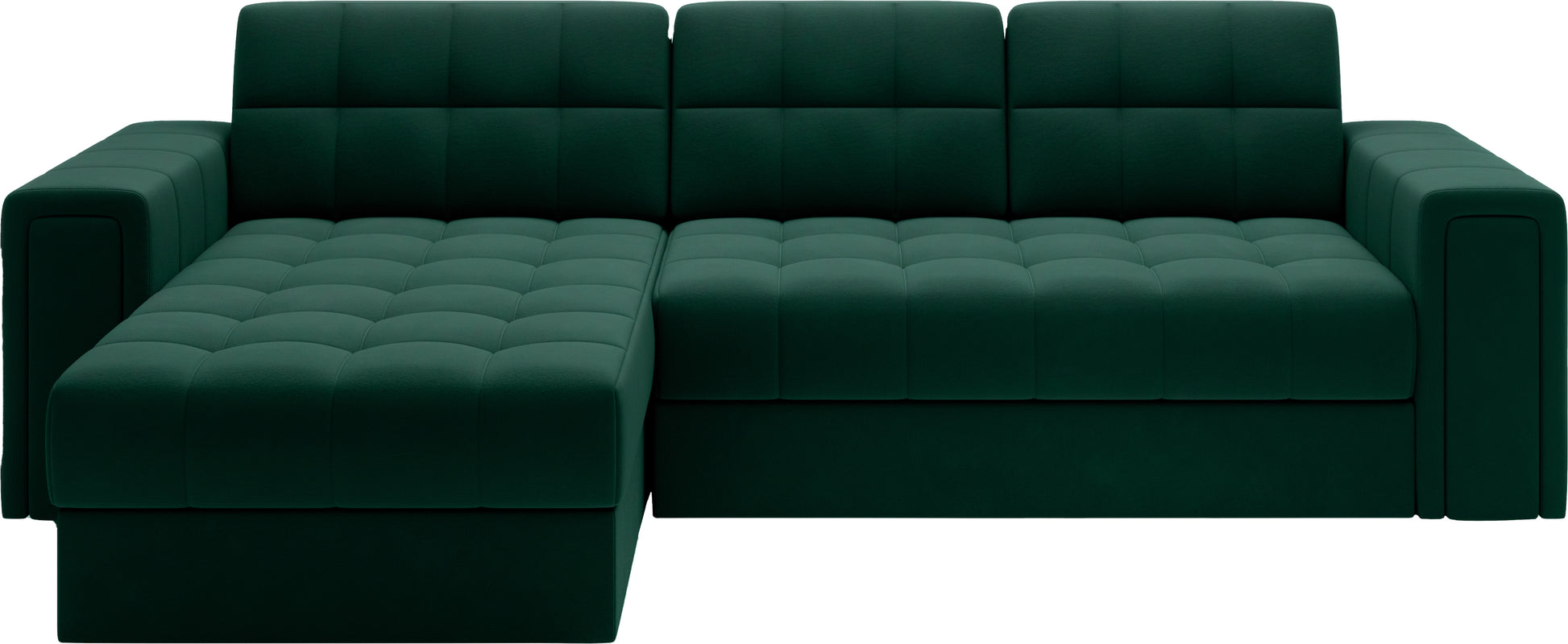 Uniwersalny narożnik Blenvi w tkaninie Lukso 35 zielony, widok z przodu z wyraźnym siedziskiem i symetrycznymi podłokietnikami