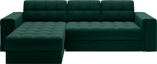 Uniwersalny narożnik Blenvi w tkaninie Lukso 35 zielony, widok z przodu z wyraźnym siedziskiem i symetrycznymi podłokietnikami