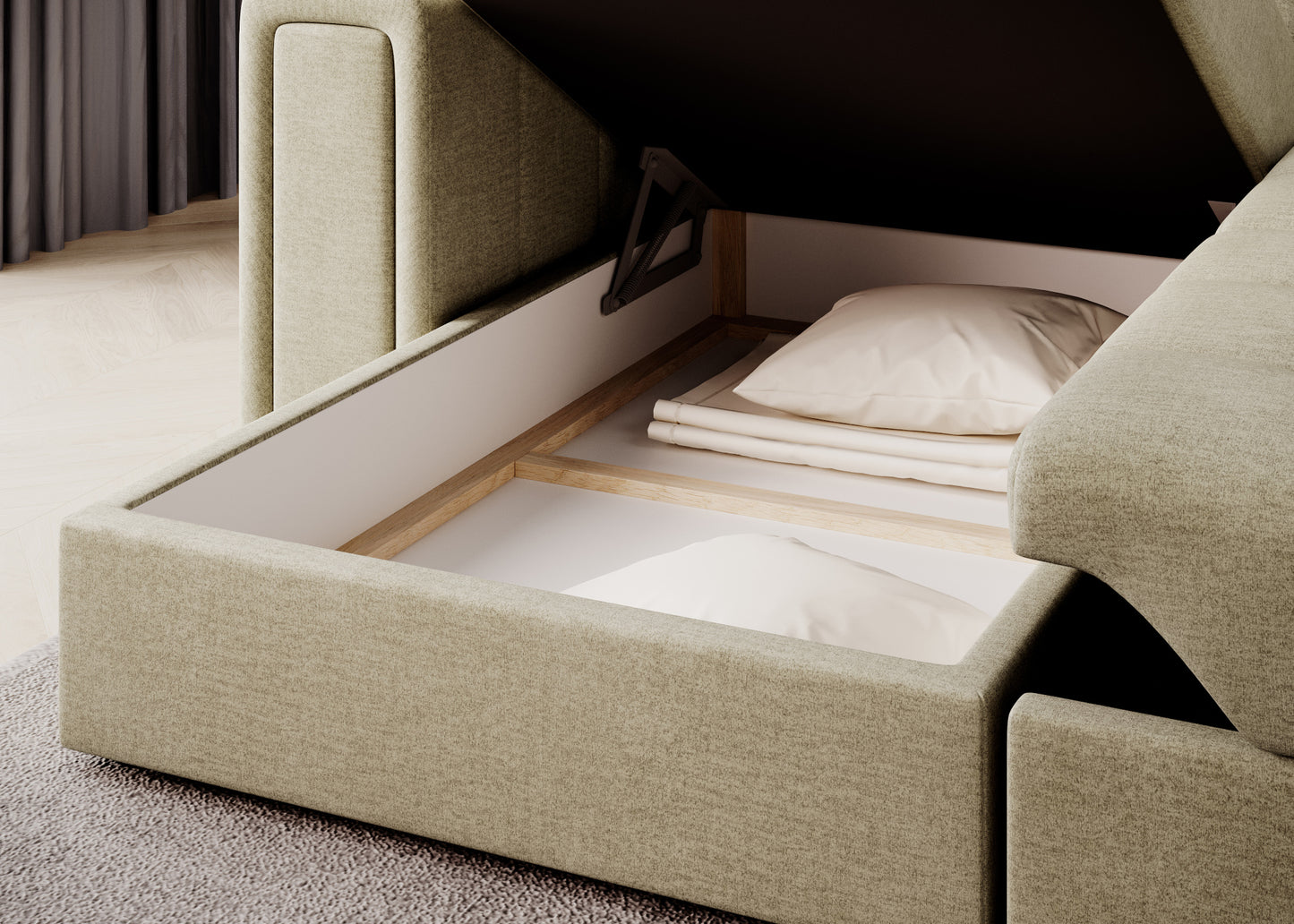 Otwarty pojemnik na pościel narożnika Blenvi w tkaninie Monolith 04 beżowy z widocznymi poduszkami i złożonym kompletem pościeli.