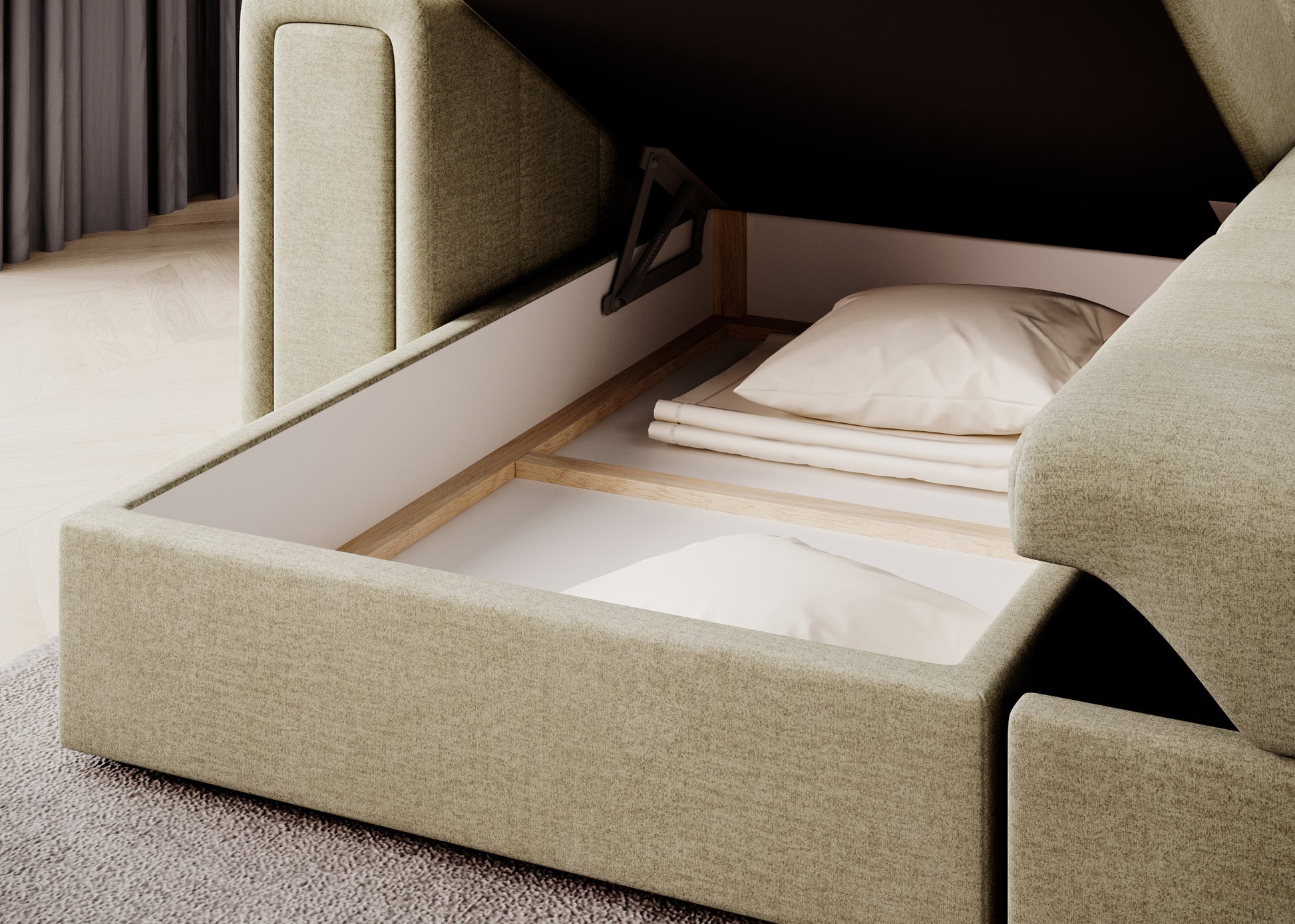 Otwarty pojemnik na pościel narożnika Blenvi w tkaninie Monolith 04 beżowy z widocznymi poduszkami i złożonym kompletem pościeli.