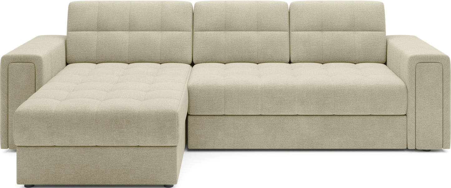 Uniwersalny narożnik Blenvi w tkaninie Monolith 04 beżowy z szerokimi podłokietnikami, pikowaniem i nowoczesnym designem.