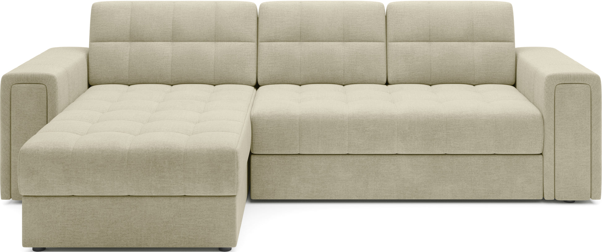 Uniwersalny narożnik Blenvi w tkaninie Monolith 04 beżowy z szerokimi podłokietnikami, pikowaniem i nowoczesnym designem.