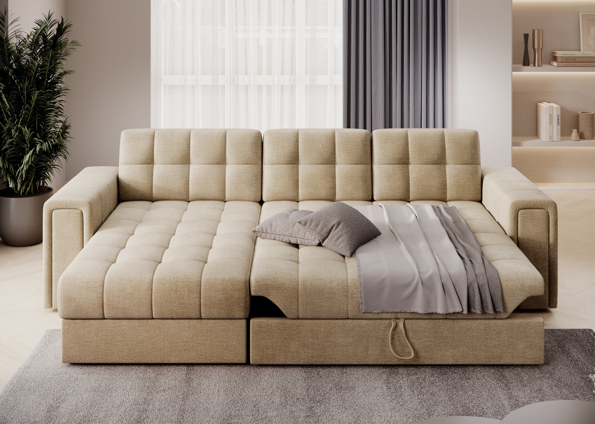 Rozłożona beżowa sofa z funkcją spania i pościelą, pikowane siedzisko, komfortowe łóżko w nowoczesnym salonie z zasłonami.