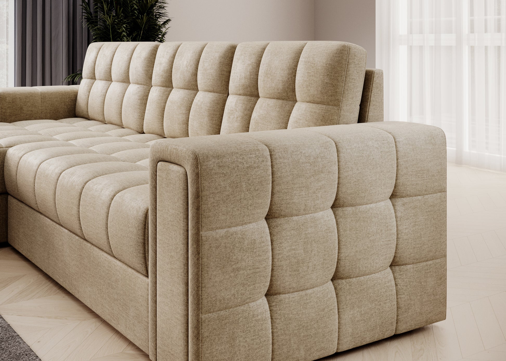 Beżowa sofa tapicerowana z pikowanym bokiem i siedziskiem, nowoczesny styl i eleganckie wykończenie do salonu lub pokoju dziennego.