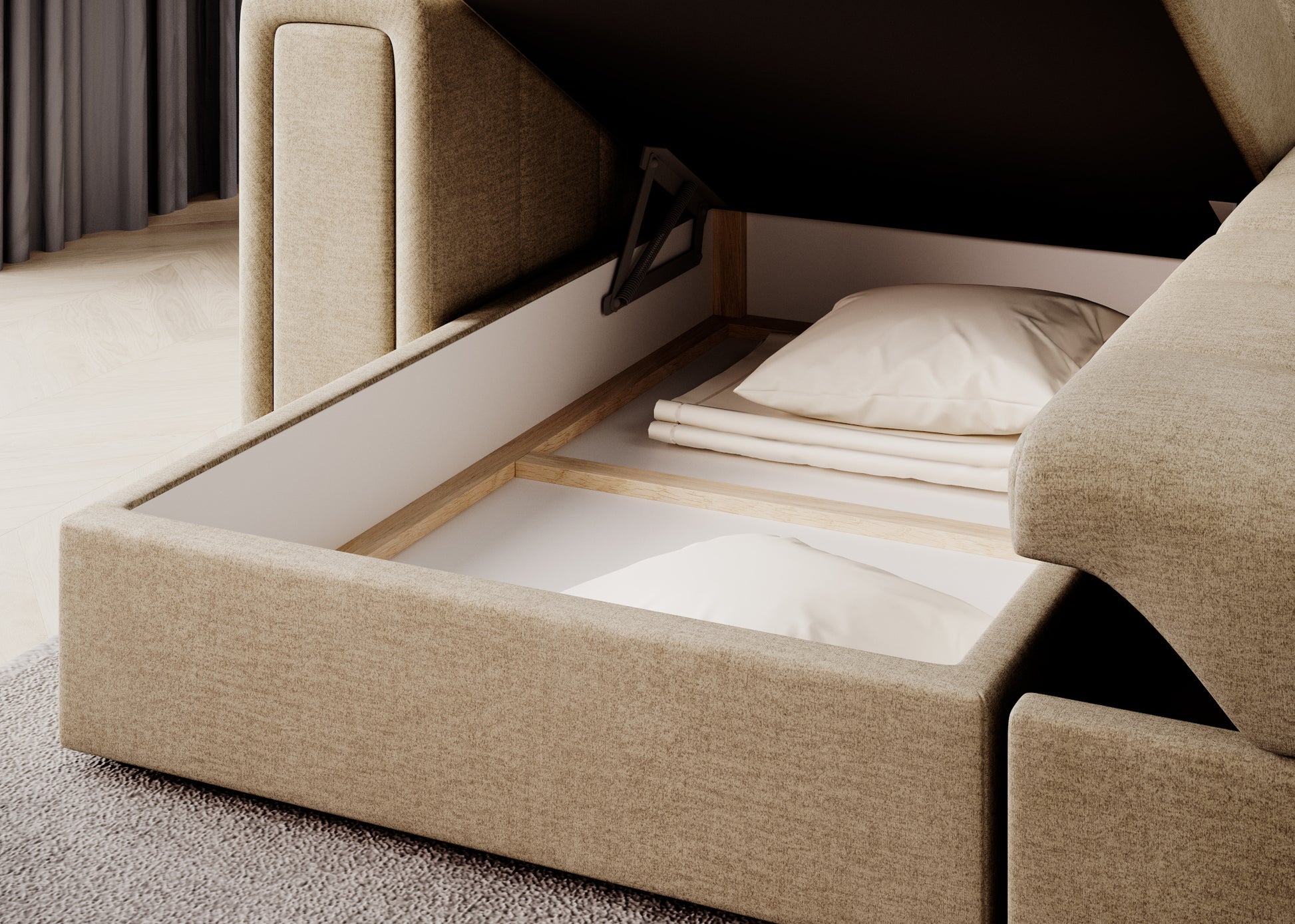 Beżowa sofa z otwartym pojemnikiem na pościel – praktyczny schowek z podnośnikiem gazowym i jasnym wykończeniem wnętrza.
