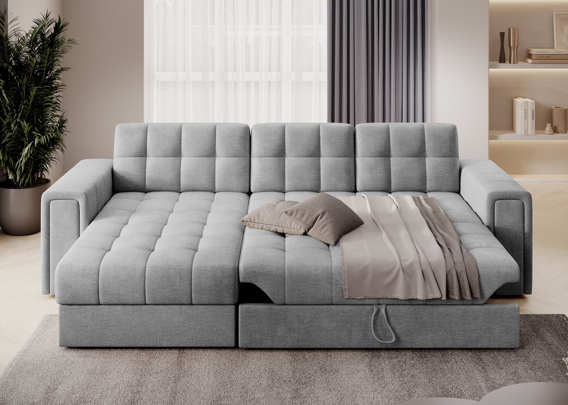 Narożnik Blenvi w tkaninie Monolith 84 jasnoszary z funkcją spania, pościelą i poduszkami, ustawiony w eleganckim, nowoczesnym wnętrzu.