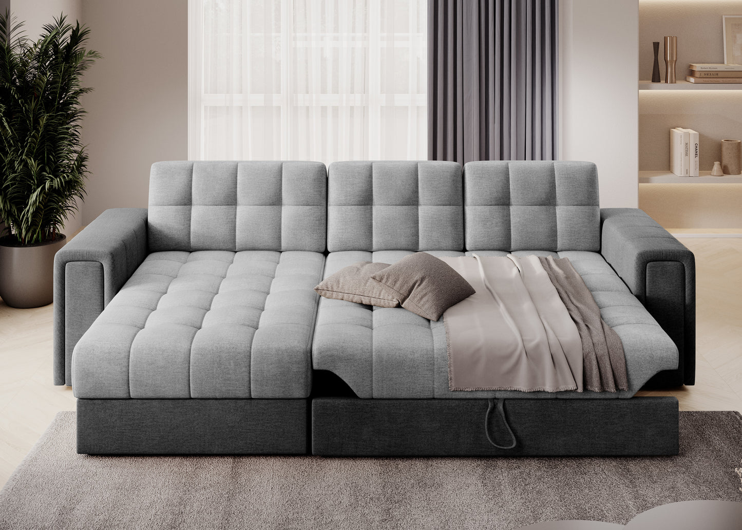 Funkcja spania w sofie narożnej Monolith 84 i 97 – pikowana powierzchnia, jasnoszary z ciemnoszarym, idealna do nowoczesnego wnętrza.