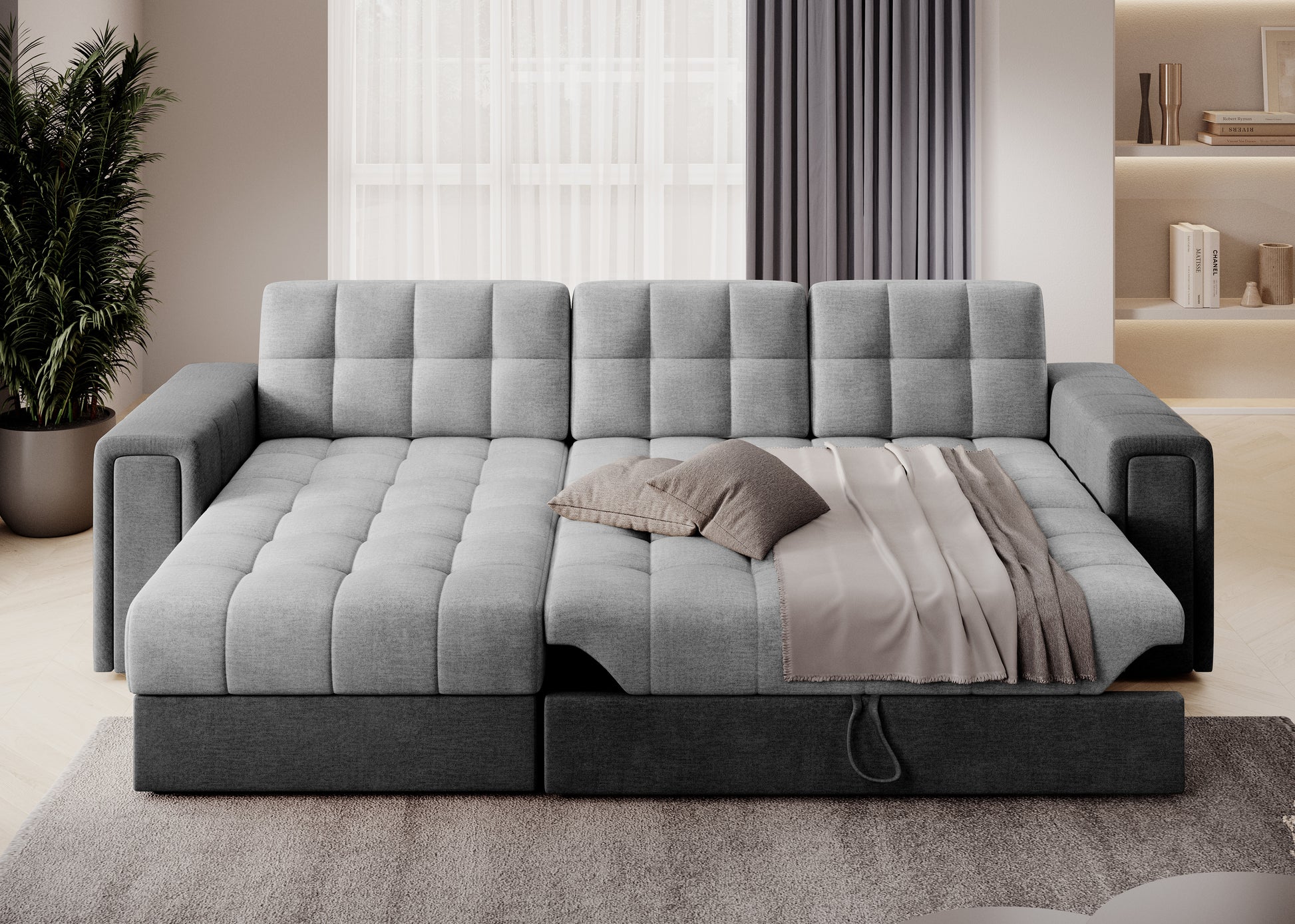 Funkcja spania w sofie narożnej Monolith 84 i 97 – pikowana powierzchnia, jasnoszary z ciemnoszarym, idealna do nowoczesnego wnętrza.