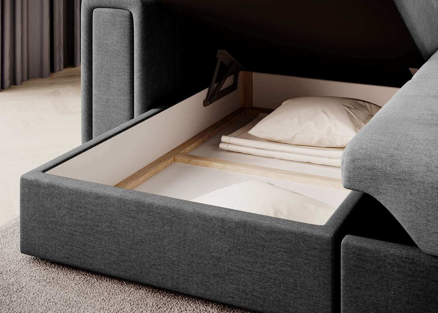 Pojemny schowek na pościel w narożniku Monolith 84 i 97 – funkcjonalność i estetyka w eleganckim szarym wykończeniu.