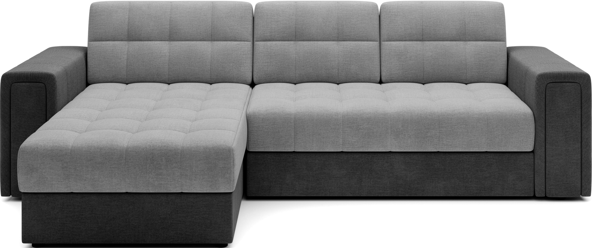 Sofa narożna w tkaninach Monolith 84 jasnoszary i Monolith 97 ciemnoszary – dwukolorowy model z funkcją spania i pikowanym siedziskiem.