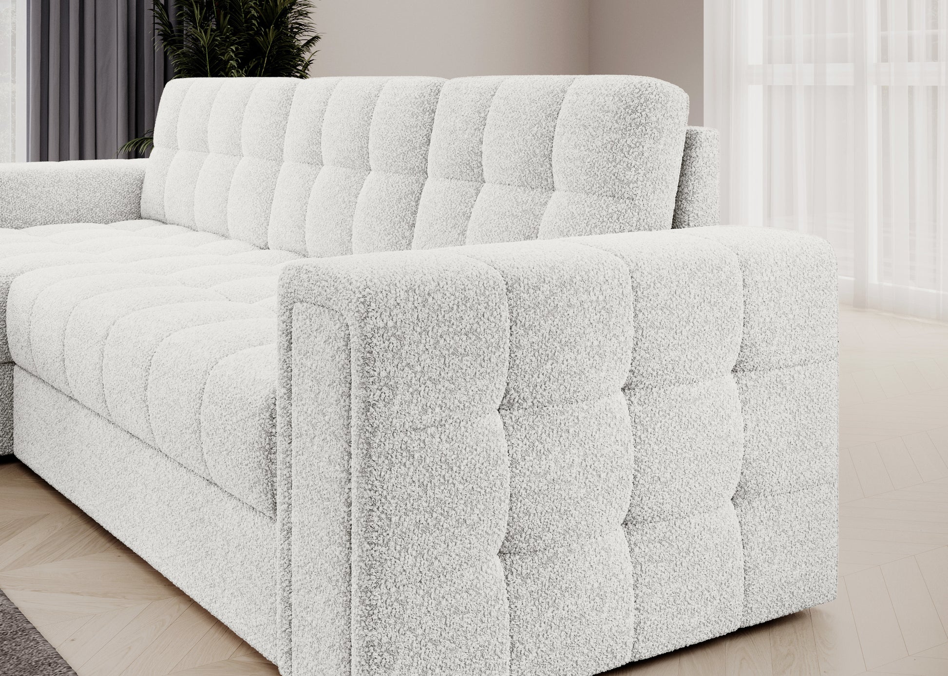 Bok i oparcie sofy narożnej Royal 01 biały – tapicerka bouclé, pikowane wykończenie i nowoczesna forma do eleganckiego wnętrza.